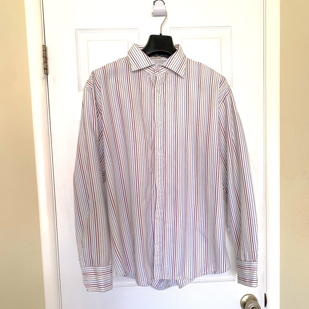 Haggar Mens XXL Blue Brown White Stripes Shirt. Reversible. Long Sleeve Cotton.